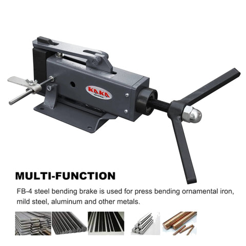 Manual Steel Bending Brake With Four Inch Capacity and 2.5 Ton Press Bench Top Mounted 90 Degree Bender on white background.