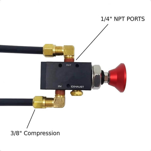PartLogix Three Way Push Pull Manual Tailgate Dump Air Valve Kit showing NPT ports and compression fittings