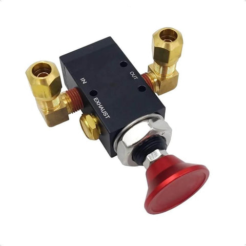 PartLogix Three Way Push Pull Manual Tailgate Dump Air Valve Kit showing valve with brass elbows and red handle