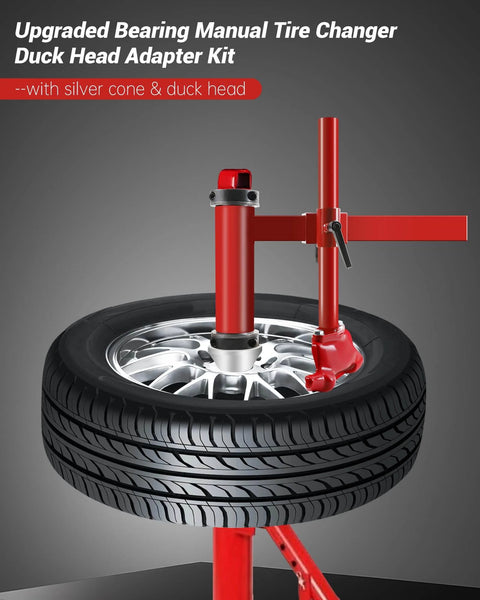 Bearing Manual Tire Changer Duck Head Adapter Kit with Silver Cone holding car tire, close view