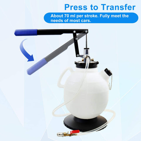 7.5 Liter Manual Transmission Fluid Pump Kit With 15 ATF Adapters showing pump handle and container, 70ml per stroke