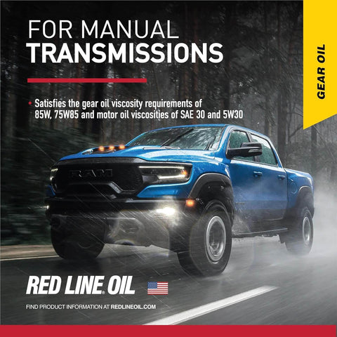 Blue truck illustration highlighting MT-85 Manual Transmission Gear Oil 75W-85 GL-4 for quick, smooth shifts and strong synchro protection.