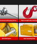 Hand winch parts: bidirectional self-locking unit, red alloy steel hook, yellow gear housing, base mounting hole.