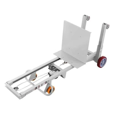 Material Lift Winch Stacker For Warehouse Use 400 Lb Capacity Pallet Truck Dolly 51.1 Inch Max Lift Height Manual Winch Stacker shown lying down with visible wheels and adjustable plate.