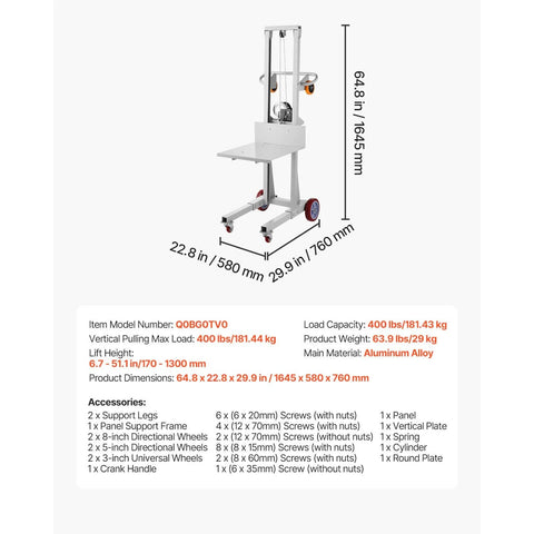 Diagram of Material Lift Winch Stacker For Warehouse Use 400 Lb Capacity Pallet Truck Dolly 51.1 Inch Max Lift Height.
