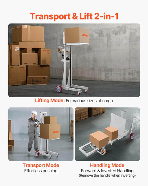 Material Lift Winch Stacker For Warehouse Use 400 lb capacity showing lifting, transport, and handling modes in a warehouse environment.