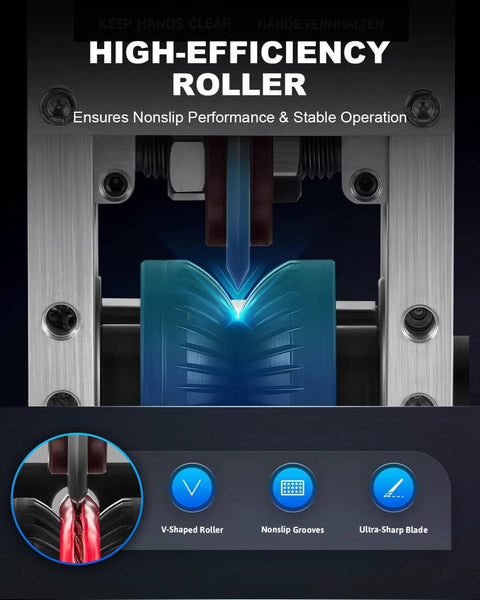 Manual Wire Stripper Machine with high-efficiency roller for scrap wires, showcasing nonslip performance and V-shaped roller detail.