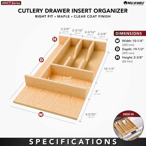 Natural Maple Right Size Utensil Insert Home Storage Kitchen Organizer 7 Compartment Drawer Accessory dimensions shown