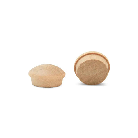 Maple Wood Hole Plugs Half Inch Pack of 100 Mushroom Top Screw Hole Plugs For Furniture Finishing, side and top view of plugs.