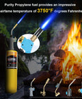 Modern MAPP Gas Cylinder 14.1 Oz For Brazing And Welding Hotter Than Propane With Longer Burning Time And Higher BTU From BLUEFIRE 3600F Max With Oxygen 4 Pack Bundles showing intense blue flame