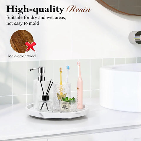 360 Degree Turntable Lazy Susan for Tabletop and Cabinet Organization Marble Round Tray 10.63 Inch Non Slip Kitchen Pantry Organizer Rotating Bathroom Countertop Storage Gravel White with bathroom essentials displayed on white countertop.