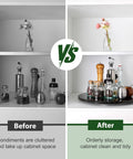 Comparison of cluttered vs. organized kitchen cabinet using Marble 16 Inch Lazy Susan Turntable Organizer For Cabinets Pantries Kitchen Counters Fridge And Vanity With Silent Smooth Rotation Anti Slip Rubber Feet And Durable Aluminum Bearing For Easy 360 Degree Access Black.