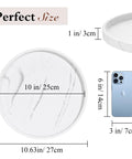 Dimensions of 360 Degree Turntable Lazy Susan for Tabletop and Cabinet Organization Marble Round Tray 10.63 Inch Non Slip Kitchen Pantry Organizer Rotating Bathroom Countertop Storage Gravel White shown with phone for scale.