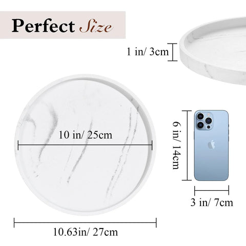 Dimensions of 360 Degree Turntable Lazy Susan for Tabletop and Cabinet Organization Marble Round Tray 10.63 Inch Non Slip Kitchen Pantry Organizer Rotating Bathroom Countertop Storage Gravel White shown with phone for scale.