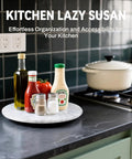 10 Inch Marble Lazy Susan With Silent Rotation For Countertop Kitchen Organization showcasing condiments and oils