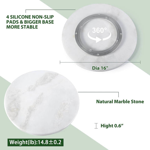 16 inch marble lazy susan turntable organizer made from natural stone, rotating tray top and bottom views with measurements.