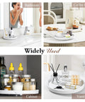 360 Degree Turntable Lazy Susan for Tabletop and Cabinet Organization Marble Round Tray 10.63 Inch Non Slip Kitchen Pantry Organizer Rotating Bathroom Countertop Storage Gravel White displayed in various uses like bathroom, coffee bar, cabinet, and vanity.