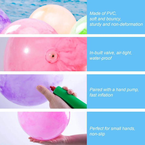3 otters 6PCS Playground Balls, 8.5 Inches Beach Ball for Kids, PVC material, showcased with air pump, inflating close-up view.