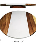 Large Marble And Acacia Wood Lazy Susan Turntable rotating serving tray, top and side view, 17.7 inch, heavy duty 360 spin platter