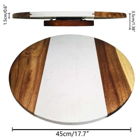Large Marble And Acacia Wood Lazy Susan Turntable rotating serving tray, top and side view, 17.7 inch, heavy duty 360 spin platter