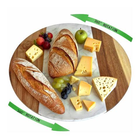 13 Inch Marble And Acacia Wood Lazy Susan Rotating Serving Tray with cheese and bread, showing 360-degree rotation for dining tables.
