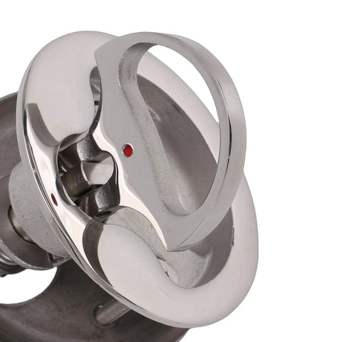 Close-up view of marine-grade 316 stainless steel boat cam latch with red dot indicator