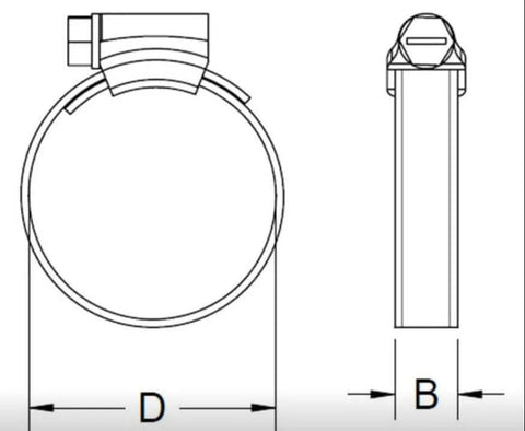 Marine Grade 316 Stainless Steel Hose Clamps With 12.7 Mm Band For Marine Applications Choose Size And Pack Quantity SAE 28 Clamp With 33-57 Mm Range 1 1/4 To 2 1/4 Inches Pack Of 5 front and side view illustration