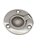 Round chrome marine deck hatch mounting plate with three screw holes and latch slot