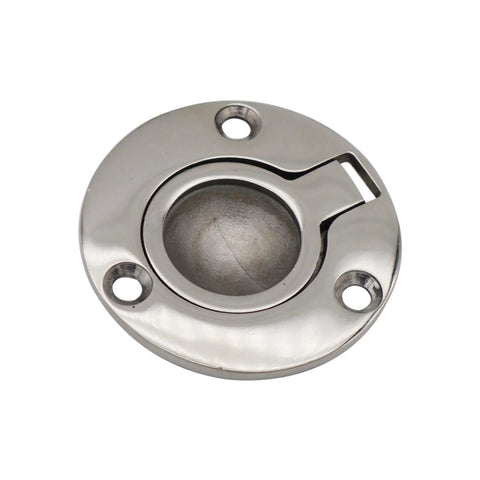 Round chrome marine deck hatch mounting plate with three screw holes and latch slot