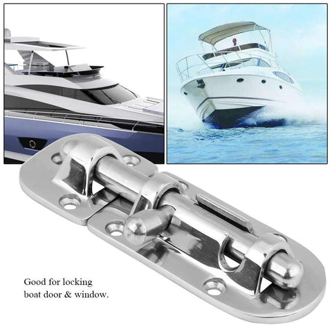 Close-up view of Hapivida 316 stainless steel boat door lock latch with mounting plate and sliding bolt