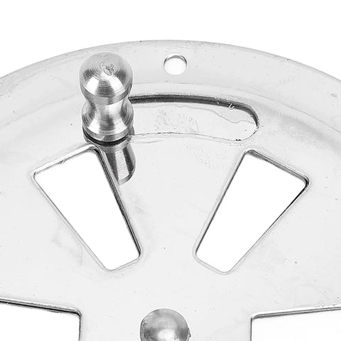 Round stainless steel vent cover with a central knob and two V-shaped openings.