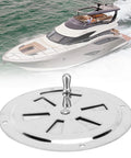 Close-up of round 4-inch stainless steel adjustable marine vent plate with slotted openings