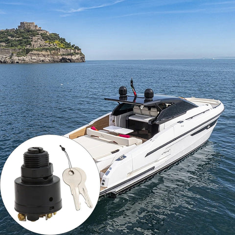 Marine boat ignition switch, black ABS plastic with two keys, shown in inset close-up.