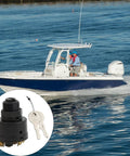 Marine ignition switch with two keys; black plastic housing, inset close-up on boat engine ignition