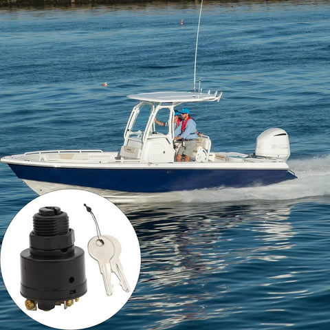 Marine ignition switch with two keys; black plastic housing, inset close-up on boat engine ignition