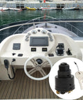 Marine ignition switch with keys installed on white boat helm; close-up inset shows the switch.