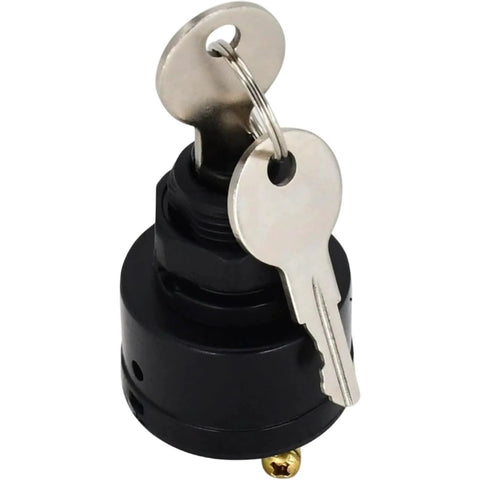 Locking fuel cap with black plastic body and two silver keys on a keyring.