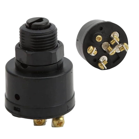 Front view of black ABS electrical switch with threaded mounting, hex nut, and two bottom terminals.
