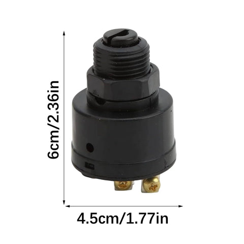 Front view of black ABS ignition switch with threaded stem, mounting nut, and two brass terminals