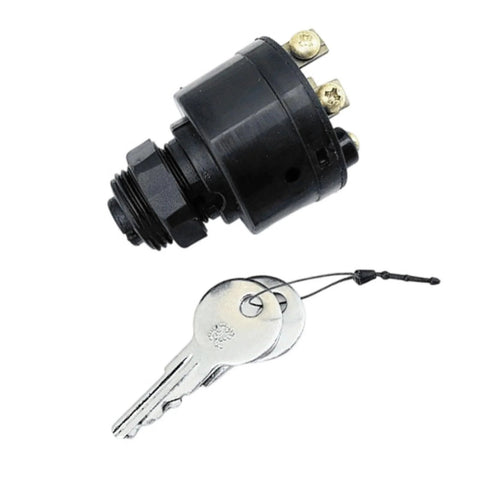 Ignition switch with black cylindrical housing, brass terminal posts, and two keys on a tether (front view)