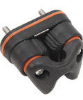 Front view of Tbest ball-bearing cam cleat, black nylon marine-grade rope cleat with dual bolts and orange seals