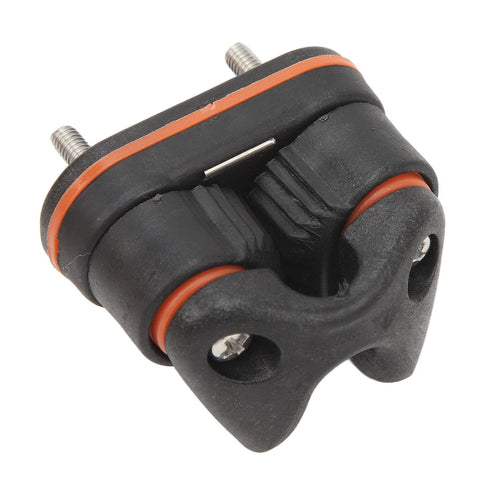 Front view of Tbest ball-bearing cam cleat, black nylon marine-grade rope cleat with dual bolts and orange seals