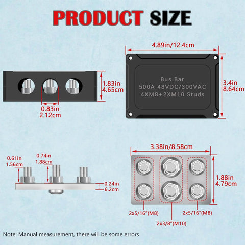 Technical dimensions of 500A Marine Battery Bus Bar with four M8 stud posts and two M10 stud posts in black and red for car, boat, solar.