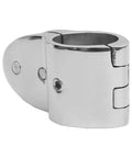 Bimini top rail mount clamp with hinged jaw, marine-grade 316 stainless steel, 25mm, close-up