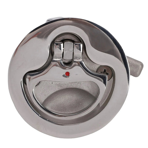 Focket Boat Cam Latch, round chrome marine-grade stainless steel latch with red indicator, front view