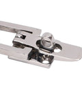 Close-up of flush-mount boat hatch latch in polished 316 stainless steel with keyhole