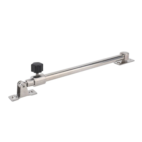 Boat hatch lid stay; marine-grade stainless steel with adjustable knob and mounting brackets, side view.