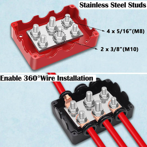 500A Marine Battery Bus Bar Heavy Duty Power Distribution Block Waterproof Automotive Bus Bar With Four M8 Stud Posts And Two M10 Stud Posts For Car Boat And Solar Wiring Black Red
