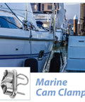 Stainless steel cam cleat (316 marine grade) with mounting bolts, close-up view