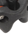 Close-up of black nylon ball bearing cam cleat with orange rope and mounting screws.